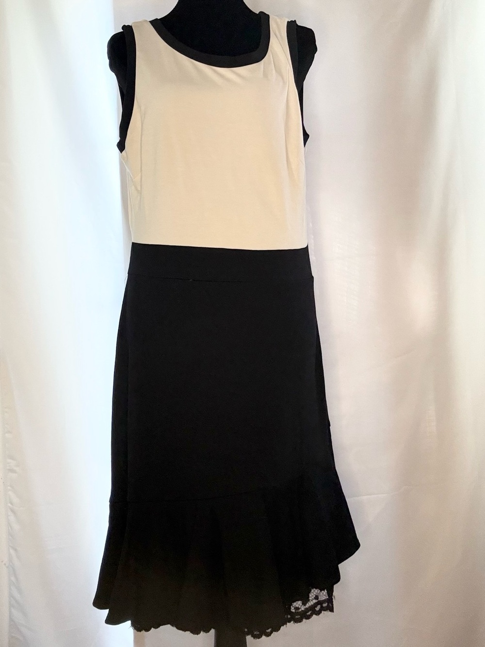 Two-Tone Black and Cream Sleeveless Midi Dress